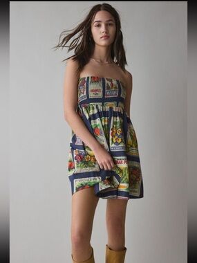 BDG Urban Outfitters Juliana Seed Packet Smocked Strapless Mini Dress S